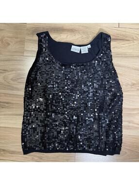 Newport News Jeanology Silk Sequin Tank Top Black Plus 2X Y2K Party